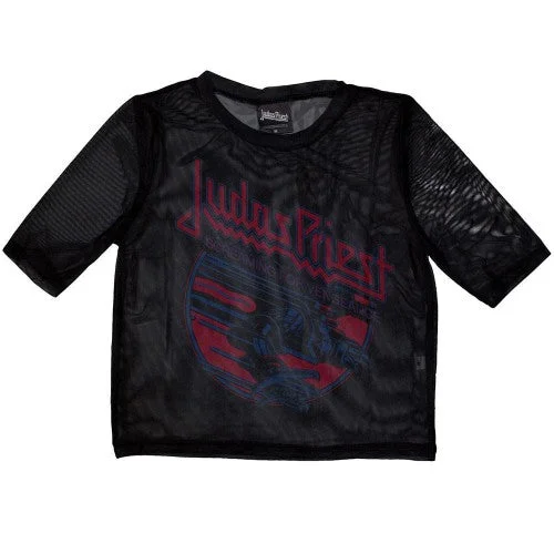 Judas Priest Womens/Ladies Screaming For Vengeance Mesh Crop Top Spandex Blend Rayon Blend Denim Blend