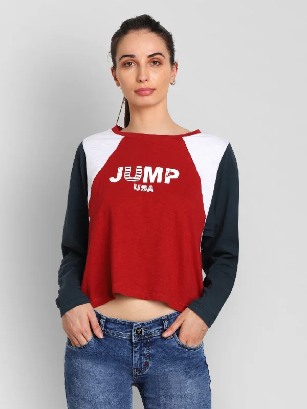 JUMP USA Women Red Self Design Crop Top Welt Pockets Slit Pockets Flap Pockets