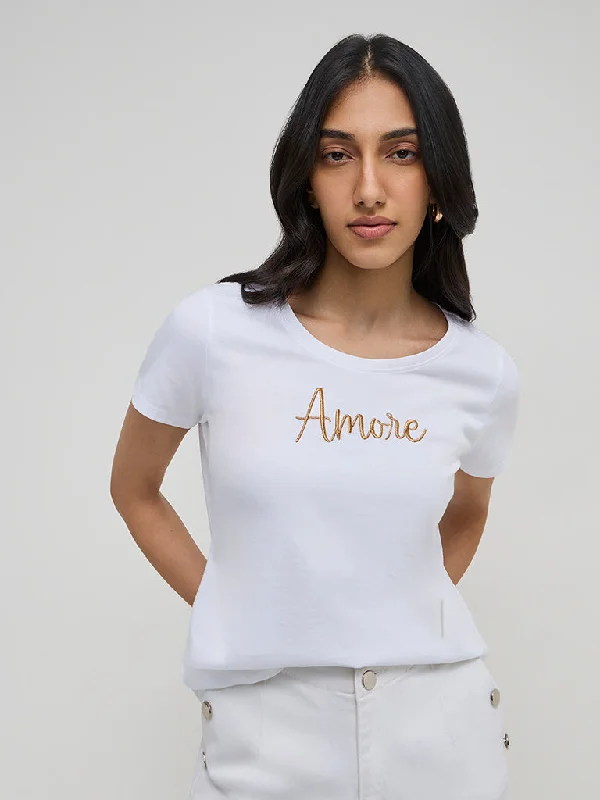 LOV White Text Design Cotton T-Shirt Asymmetrical Pockets Print