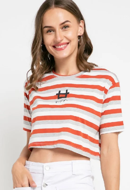 Third Day LTD39 CL crop top stripe terracota grey white Zippered Front Buttoned Front Snap Front