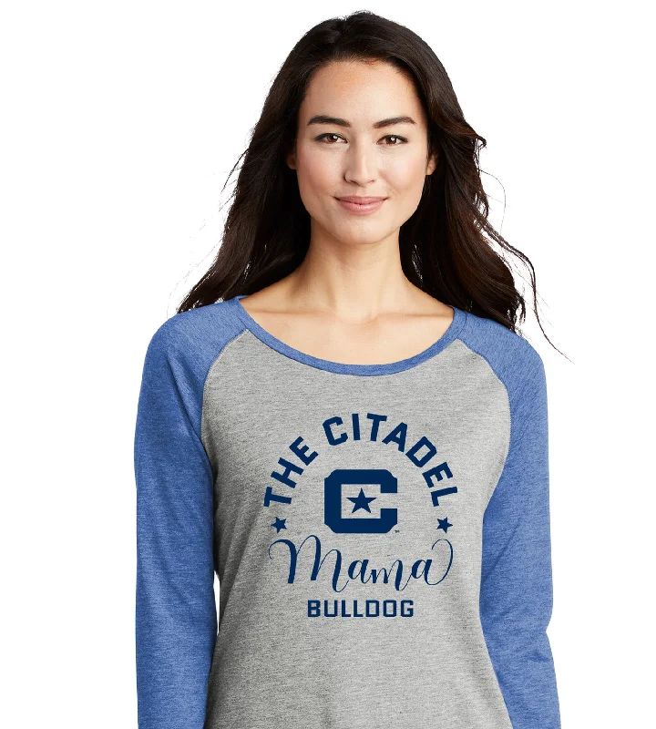 The Citadel, Mama Bulldog C Ladies Long Sleeve Tri-Blend Wicking Scoop Neck Raglan Tee Shirt Notch Collar Peter Pan Collar Cowl Neck