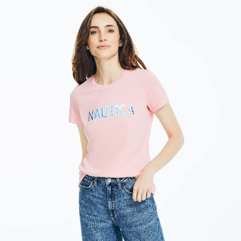 Nautica Womens Sustainably Crafted Embroidered Logo Graphic T-Shirt Collared T-Shirt Boat Neck A-Line