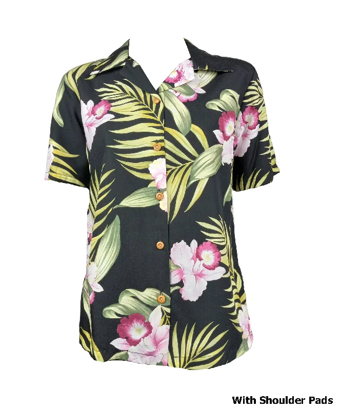 Pacific Orchid Women's Hawaiian Camp Shirt Satin Blend Silk Blend Wool Blend