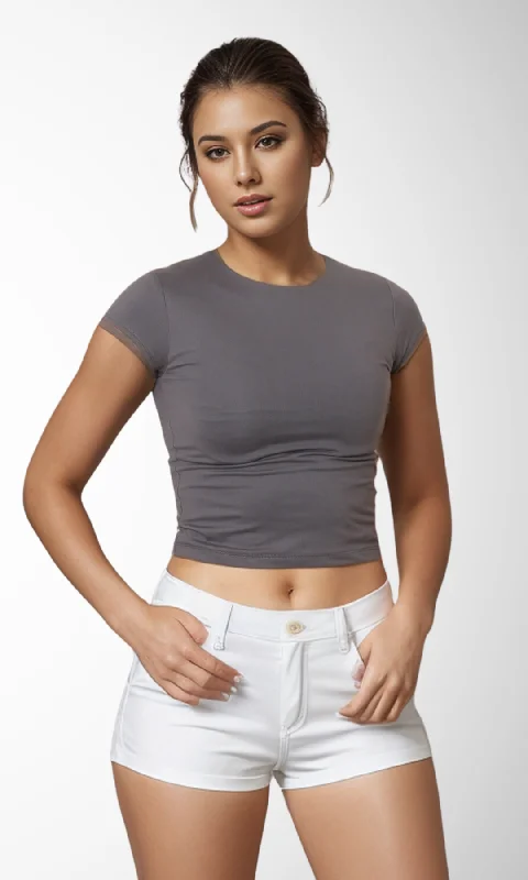 Plain Women Crop Top (Dark Grey) Zippered Buttoned Snapped