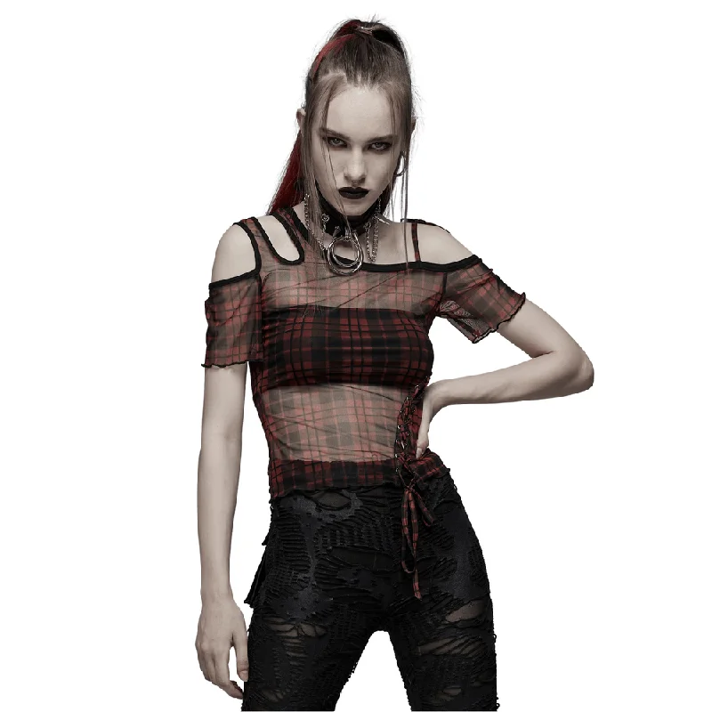 Punk Plaid Mesh Off-Shoulder Women's T-shirt Zippered Front Buttoned Front Snap Front