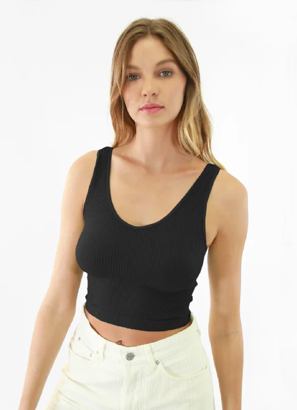 Reversible Ribbed V-Neck Crop Top Chenille Blend Fleece Blend Nylon Blend