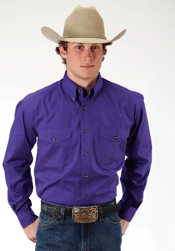 Roper Basics Mens Purple 100% Cotton Solid Poplin Btn L/S Shirt Collared Crew Neck Turtle Neck