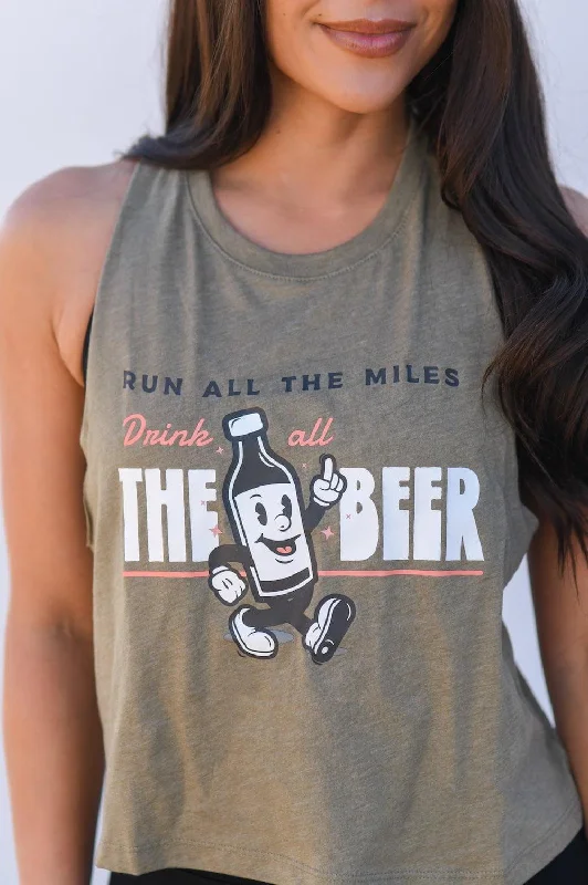 Run All The Miles, Drink All The Beer Racerback Crop Top Mesh Blend Leather Blend Suede Blend