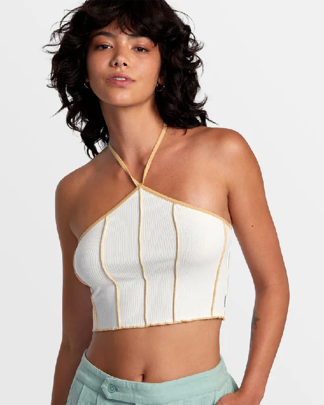 RVCA PIPER HALTER CROP TOP - LATTE Embroidered Appliqued Beaded