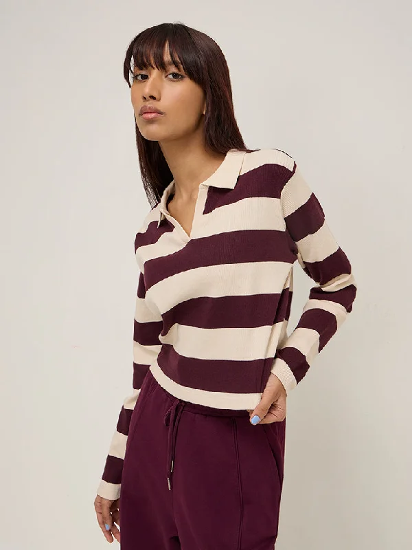 Studiofit Wine Striped and Ribbed Cotton Blend T-Shirt Fashionable Trendy Casual