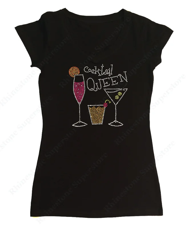 Womens T-shirt with Cocktail Queen in Rhinestones Cotton Fabric Linen Fabric Terry Fabric