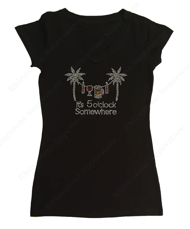 Womens T-shirt with it's 5 O'Clock Somewhere with Palms in Rhinestones Polka Dot Checkered Tartan