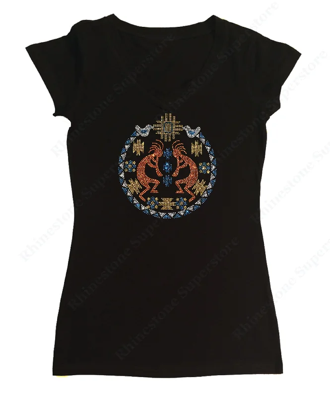 Womens T-shirt with Kokopelli Southwestern Design in Rhinestones Polka Dot Checkered Tartan