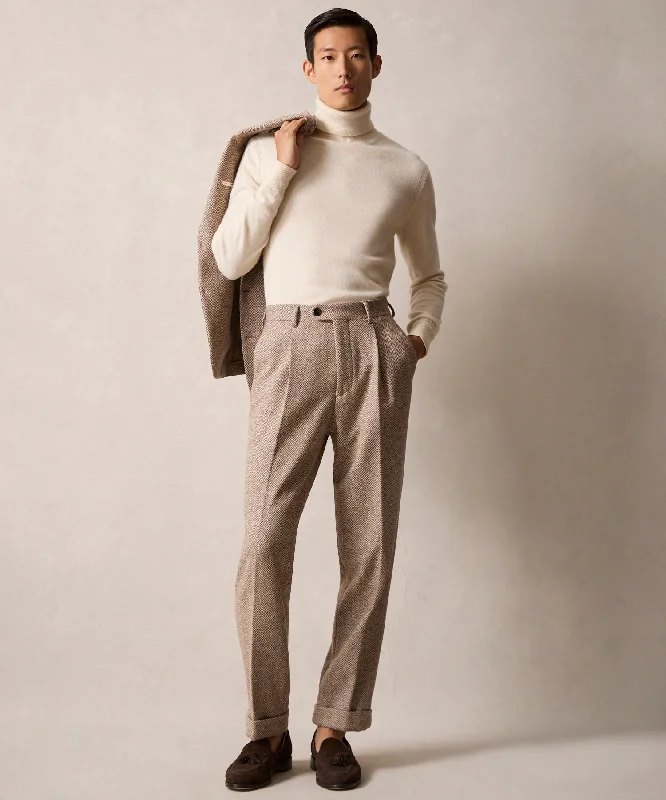 Italian Donegal Madison Trouser in Tan Herringbone Trousers Elastic Waist Soft