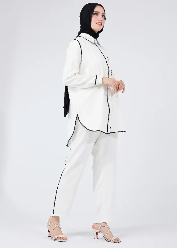 Majida Elegant Black-Piped White Modest Tunic with Matching Trousers Trousers Custom Made