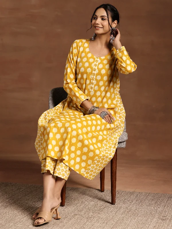 Mustard Printed Cotton A-Line Kurta With Trousers Trousers Fall Fleece