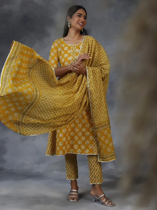 Mustard Printed Cotton A-Line Kurta With Trousers & Dupatta Trousers Modern Contemporary