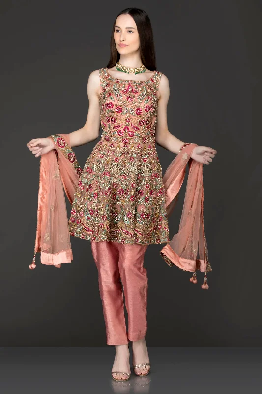 Dark Peach Peplum With Dark Peach Silk Pants/Trousers Embellished With Heavy Embriodery Trousers Office Stylish