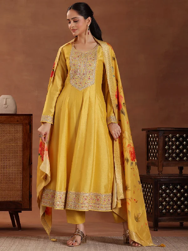 Yellow Yoke Design Silk Blend A-Line Kurta With Trousers & Dupatta Trousers Seasonal Trendy