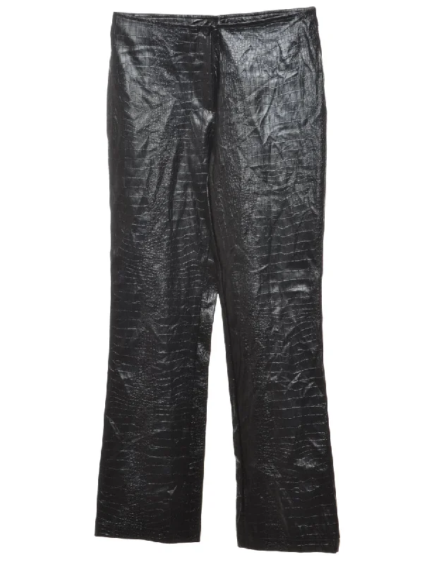 Black Faux Leather Snakeskin Trousers - W30 L32 Trousers Elastic Waist Soft