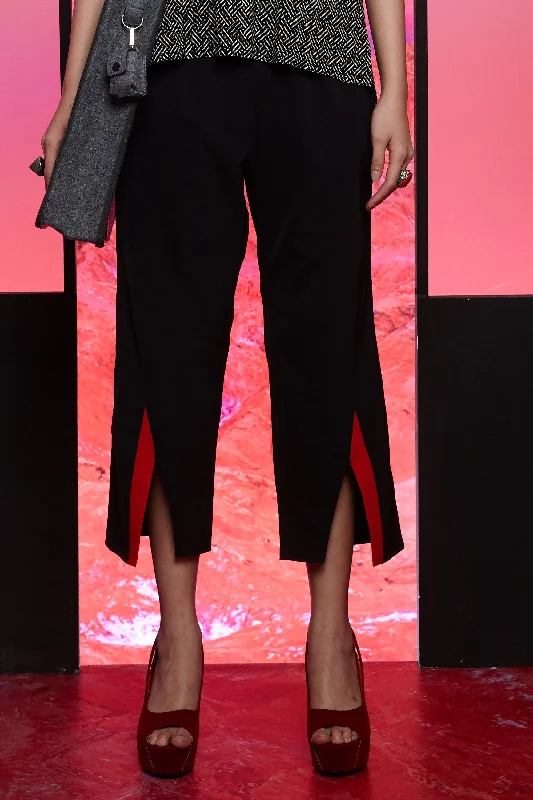 BLACK POLYESTER WITH RED CREPE SLIT PANEL - 3/4 BOOT CUT TROUSERS - BLACK Trousers Spring Floral