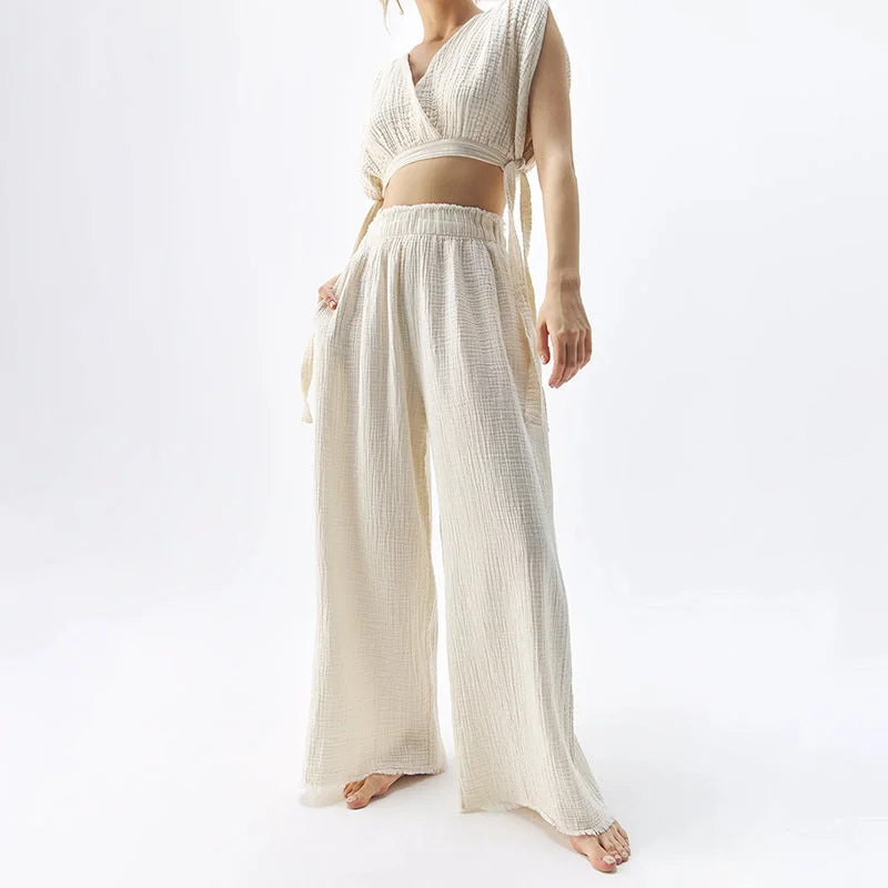 Double Layer Gauze Trousers High Waist Slimming Cotton Wide Leg Pants Loose Edge Design Casual Mopping Pants Women Clothing Trousers Fleece Cozy