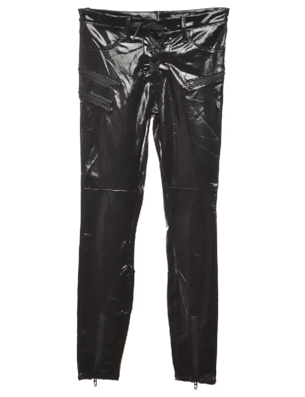 Fitted Black PVC Trousers - W28 L29 Trousers Pleated Formal