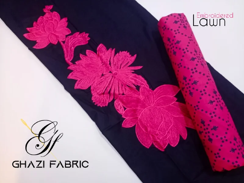 Ghazi fabric Rungrez Eid Collection Unstitched 2 piece suit for women Embroidered Lawn Navy blue Shirt With pink Trouser Trousers Fall Fleece