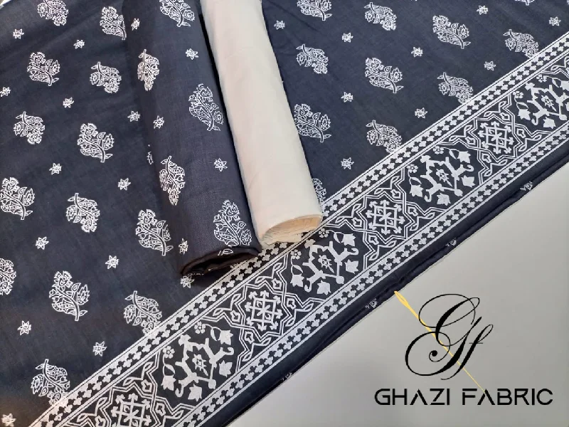 Ghazi fabric Rungrez Collection Unstitched 3 piece suit for women Lawn Grey Shirt With White Trouser Trousers Handmade Artisanal