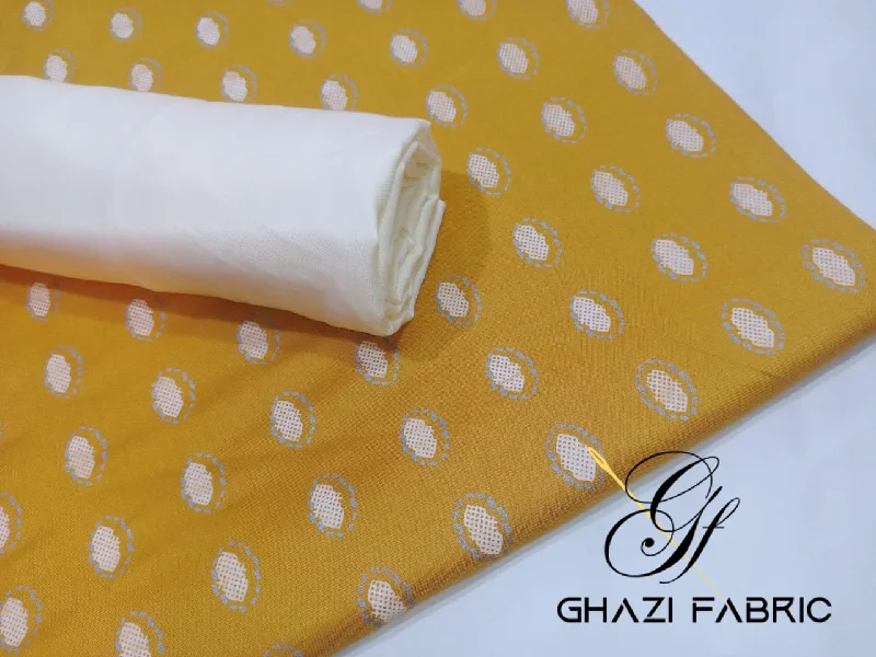 Ghazi fabric Unstitched Linen 2 piece printed mustard with cream trouser GTS3434 Trousers fashionable trendy