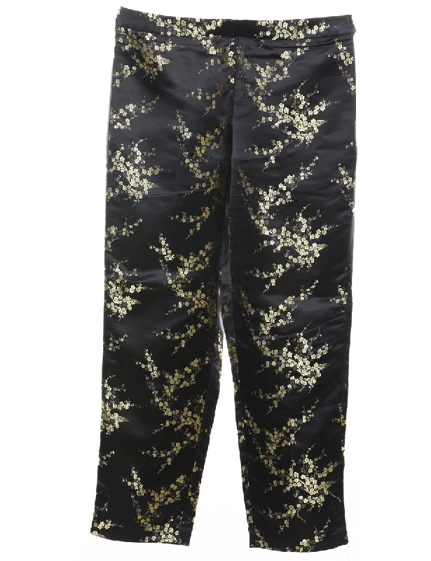 Jacquard Pattern Black & Gold Metallic Trousers - W34 L31 Trousers Palazzo Wide Leg