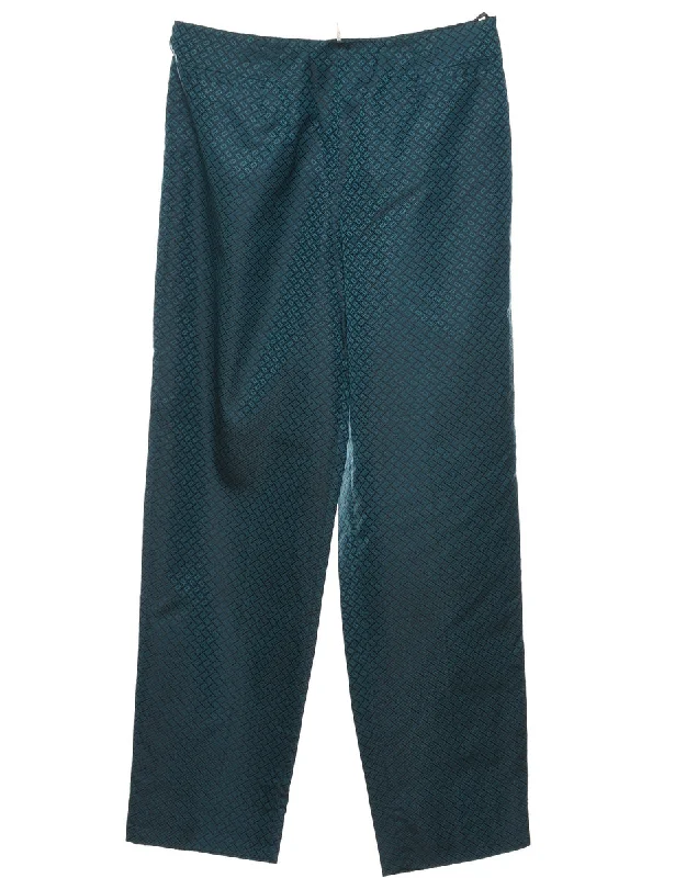 Jacquard Pattern Teal Metallic Trousers - W30 L30 Trousers Culottes Wide Leg