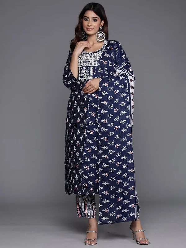 Women Navy Blue Printed Straight Kurta Trousers With Dupatta Set Trousers Favorite Customer