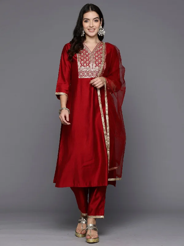 Women Red Embroidered Straight Kurta Trousers With Dupatta Set Trousers Exclusive Limited