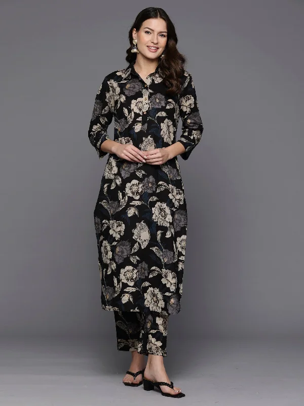 Women Black Printed Straight Kurta Trousers Set Trousers Bestseller Popular