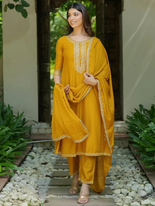 Mustard Yoke Design Silk Blend A-Line Kurta With Trousers & Dupatta Trousers versatile all-occasion