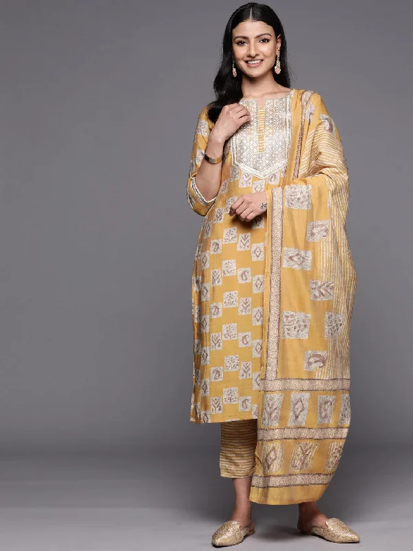 Mustard Yoke Design Silk Blend Straight Kurta With Trousers & Dupatta Trousers Low Rise Relaxed