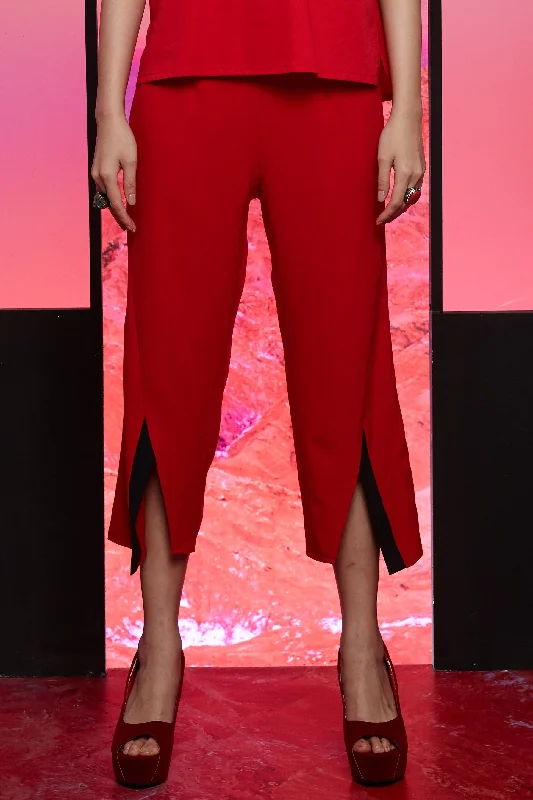 RED CREPE WITH BLACK POLYESTER SLIT PANEL - 3/4 BOOT CUT TROUSERS - RED Trousers Evening Elegant