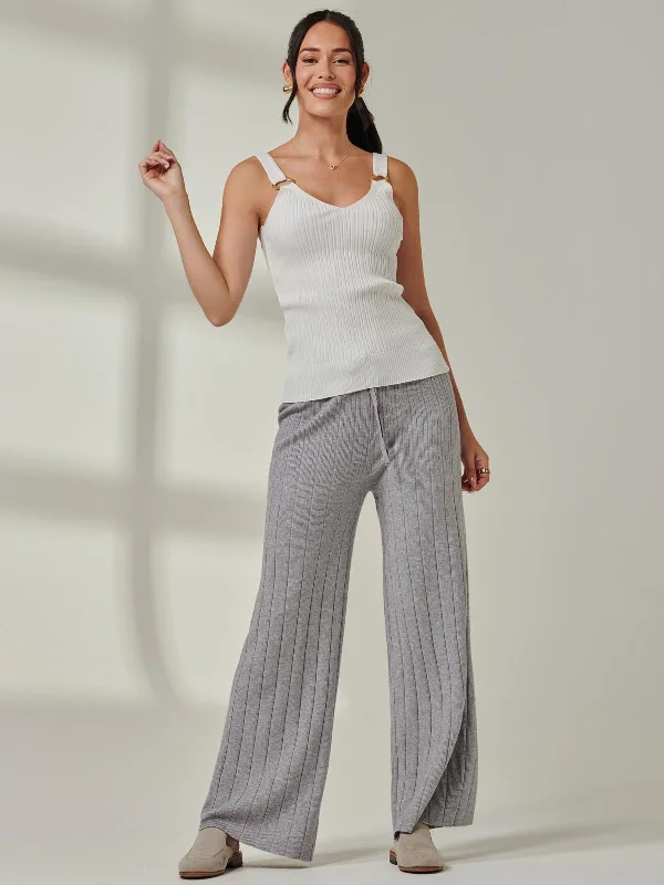 Ribbed Knit Wide Leg Trousers, Dove Heather Trousers Brand Named