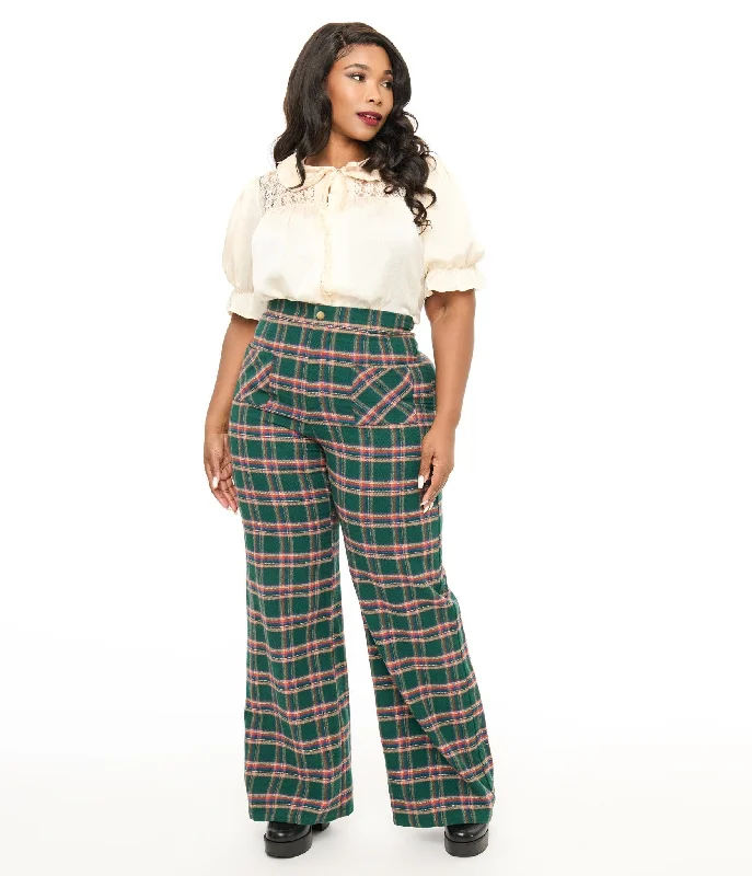 Smak Parlour Plus Size 1960s Green & Red Plaid Wide Leg Trousers Trousers Striped Patterned