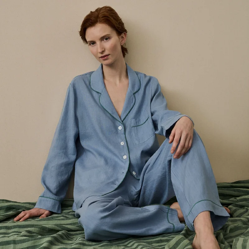 Wave Blue Linen Women's Pyjama Trouser Set Trousers Floral Bohemian