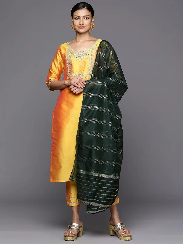 Yellow Printed Silk Blend Straight Kurta With Trousers & Dupatta Trousers Floral Bohemian