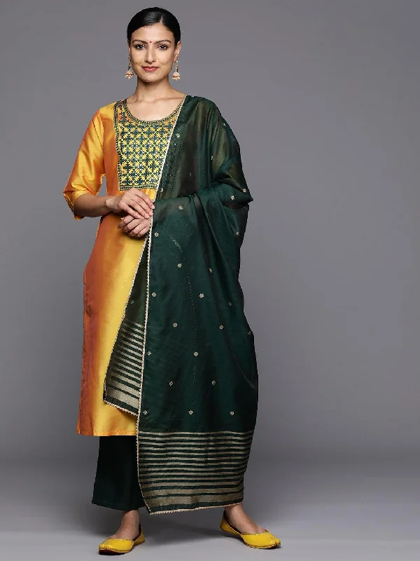 Yellow Printed Silk Blend Straight Kurta With Trousers & Dupatta Trousers Favorite Customer