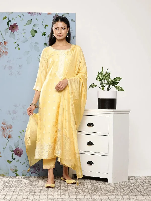 Yellow Self Design Silk Blend Straight Kurta With Trousers & Dupatta Trousers Culottes Wide Leg