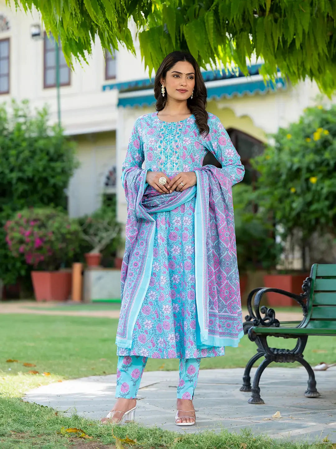 Yufta Blue Floral Print Anarkali Kurta Trouser And Dupatta Set Trousers Flared Retro