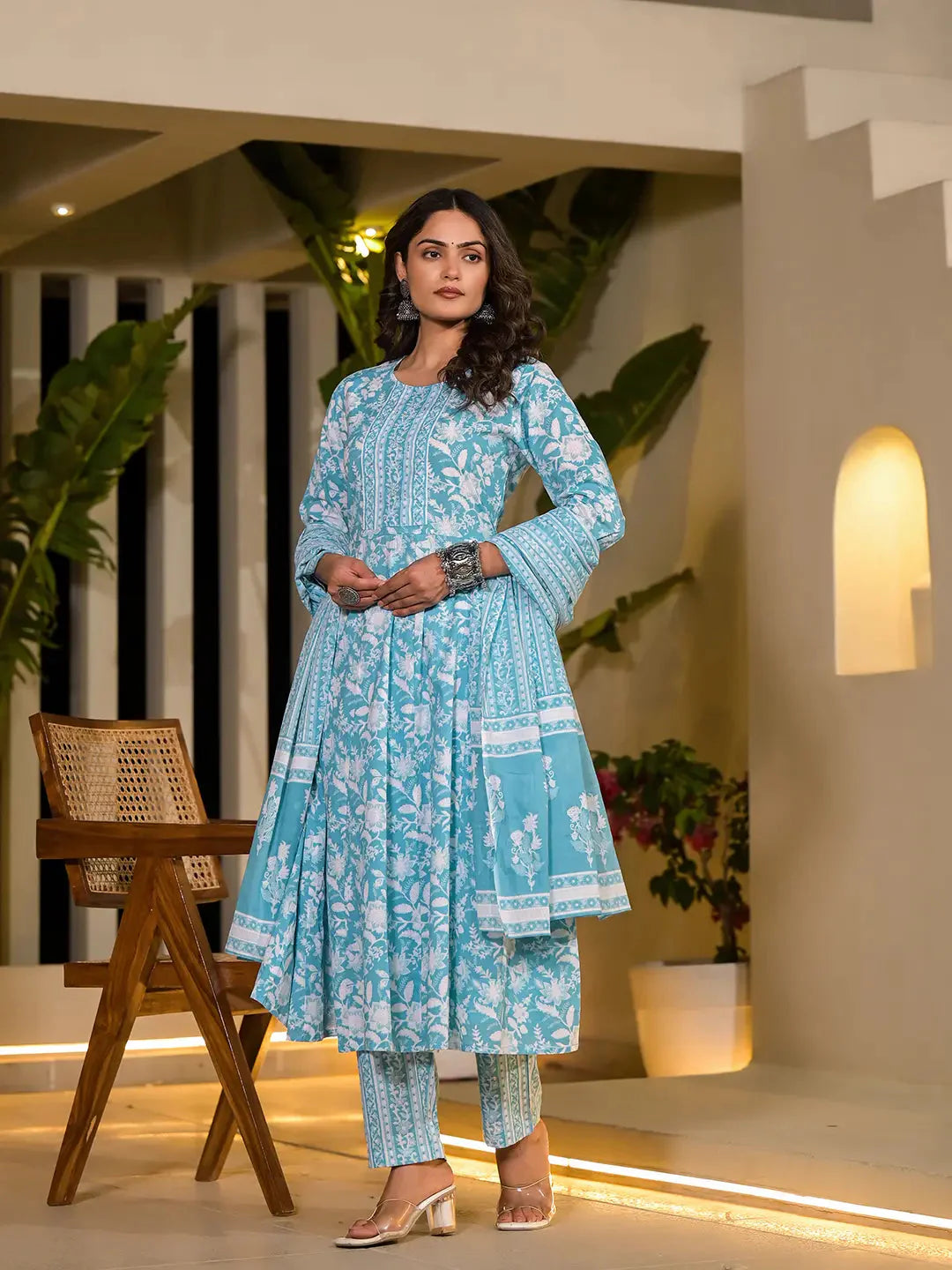 Yufta Sky Blue Cotton Anarkali Style Sequins_Work Kurta With Trousers And Dupatta Set Trousers Versatile Stylish