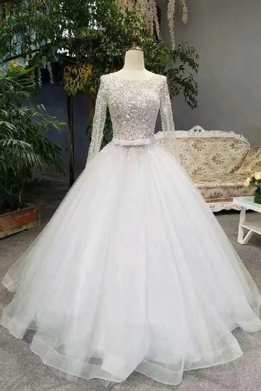 New Arrival Bling Bling Wedding Dresses A-Line Floor Length Zipper Up Long Sleeves With Beaded Bodice Turtleneck Neckline Stylish