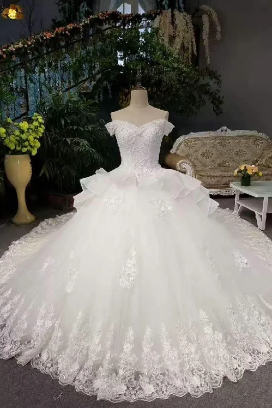 New Arrival Luxurious Wedding Dresses Ball Gown Off The Shoulder Tulle Lace Up With Beads And Sequins Tunics Fleece cozy