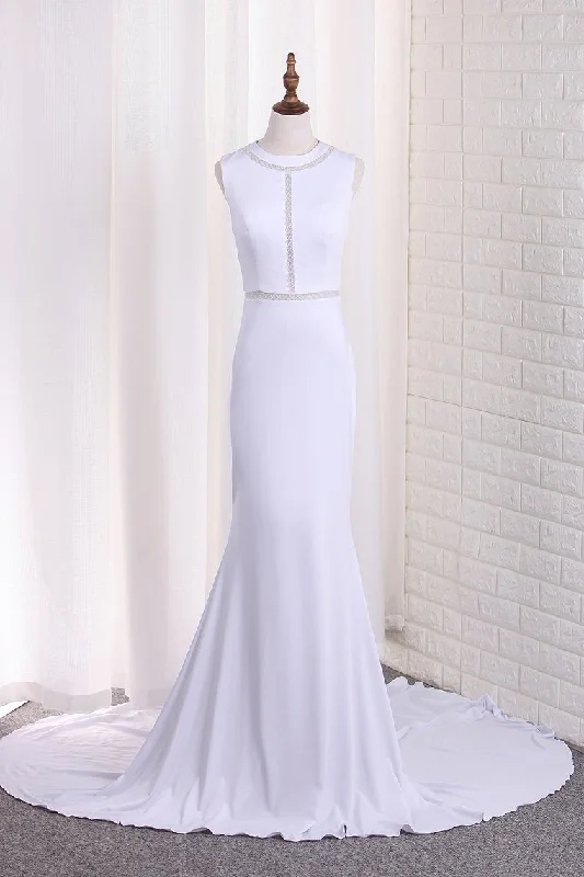 New Arrival Mermaid Scoop Wedding Dresses With Beads Sweep Train Tunics Ceremony elegant