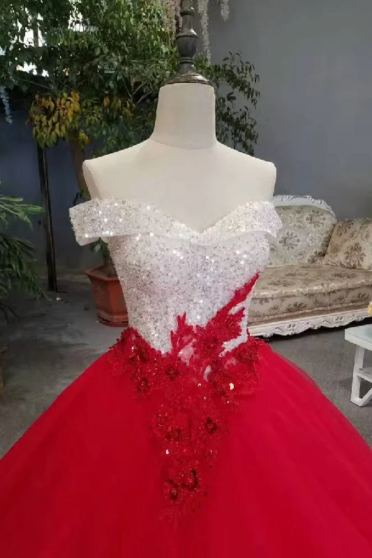 New Arrival Off The Shoulder Lace Up Red Wedding Dresses/Quinceanera Dresses With Sequins Tunics Versatile stylish